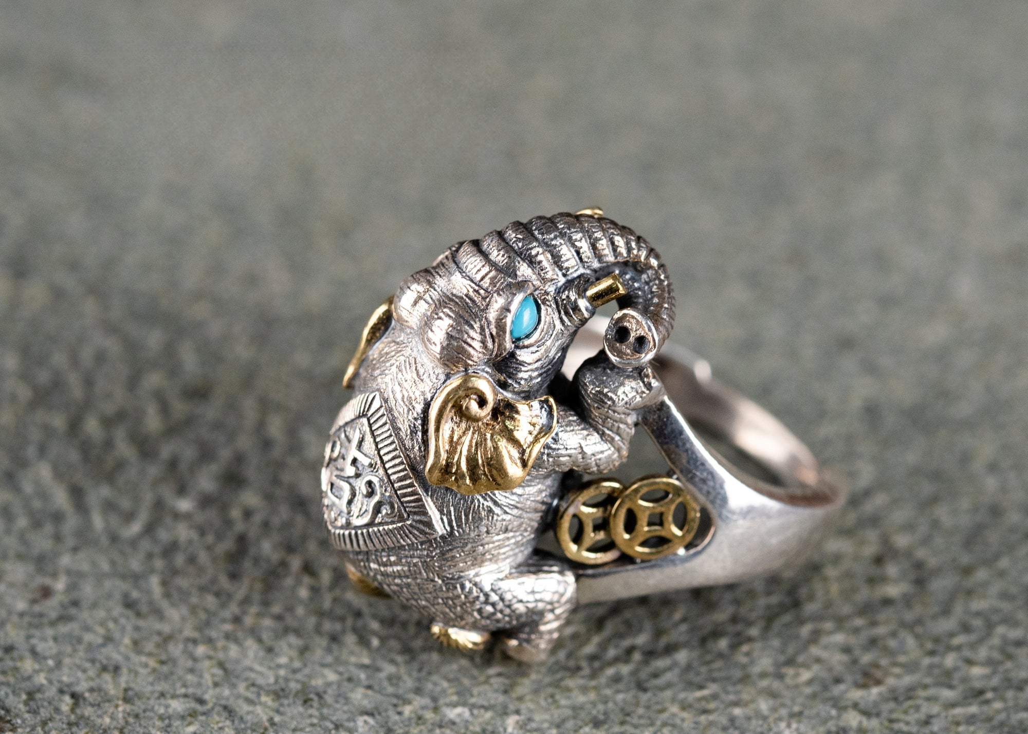 Auspicious Elephant Ring | 925 Silver, Brass & Turquoise