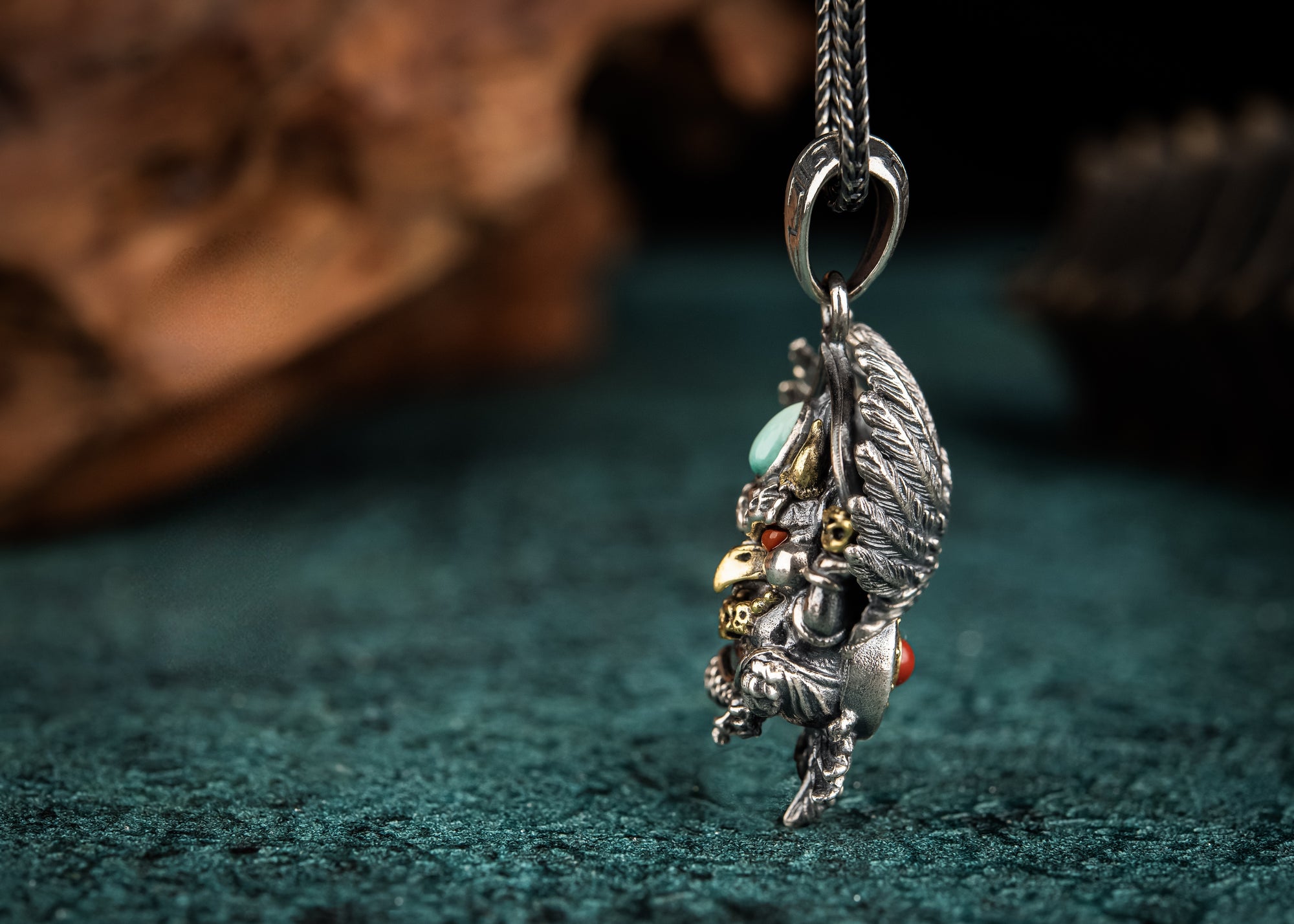 Garuda Guardian Pendant | Sterling Silver, Agate & Turquoise