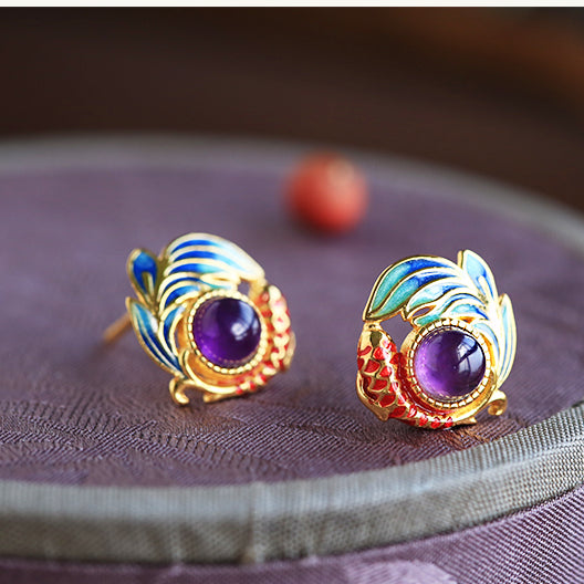 S925 Sterling Silver Natural Amethyst Enamel Koi Fish Stud Earrings