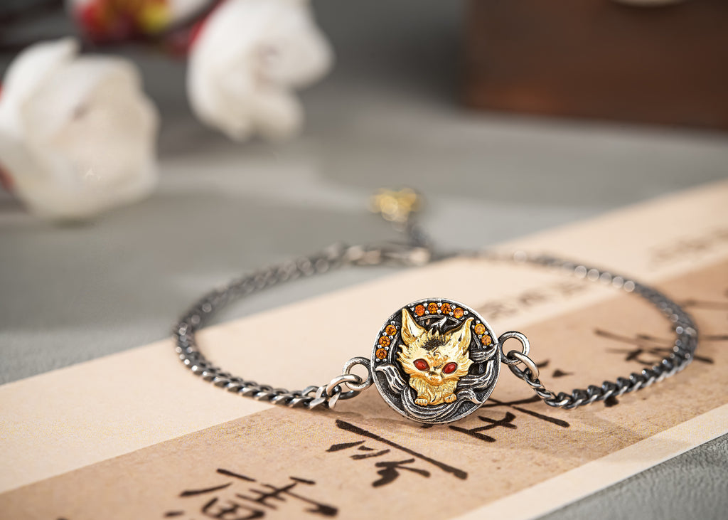 Nine‑Tail Fox Talisman Bracelet | 925 Silver & Red Zircon