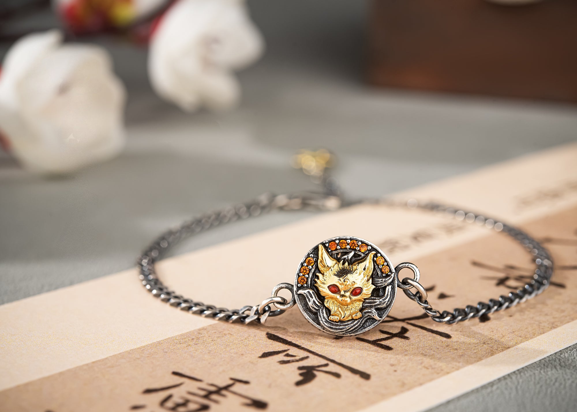 Nine‑Tail Fox Talisman Bracelet | 925 Silver & Red Zircon