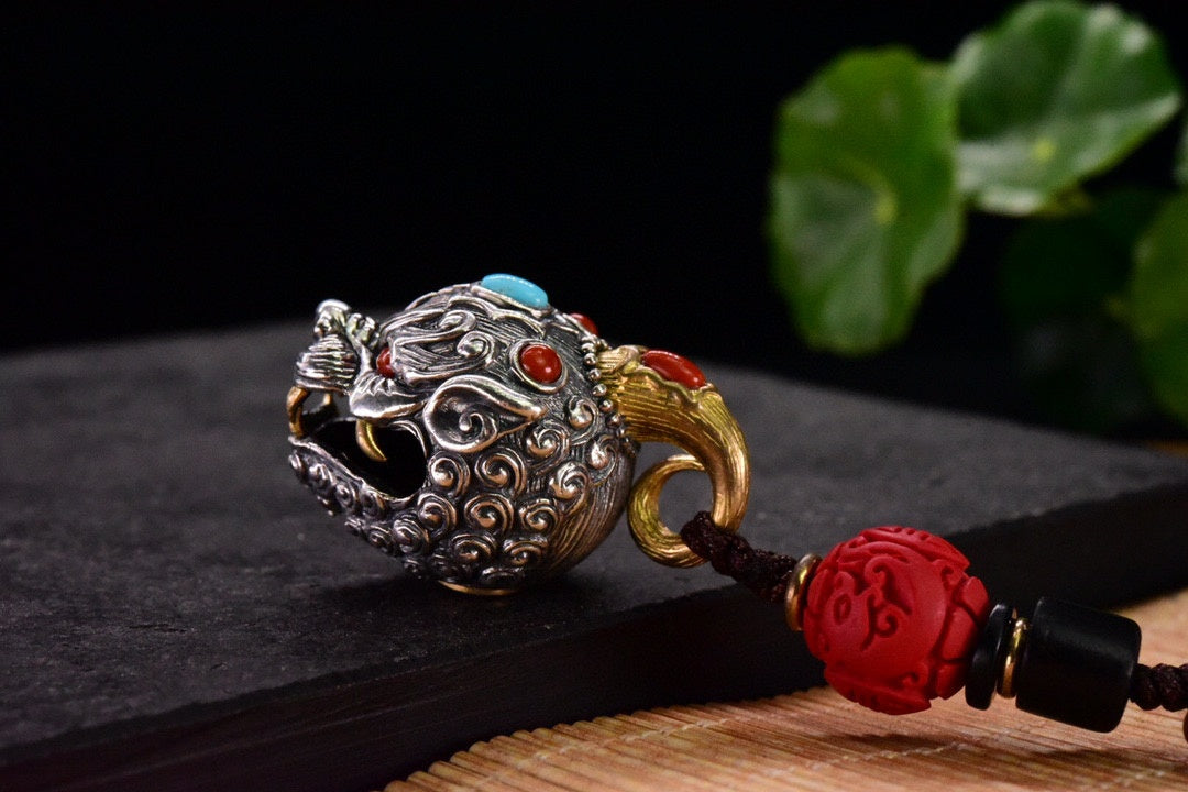 Tibetan Pixiu Guardian Bell Pendant – Silver, Turquoise, Agate