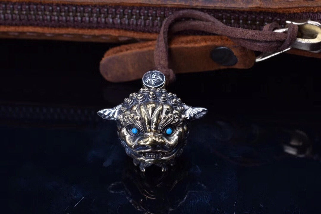 Tibetan Snow-Lion Guardian Pendant – Silver Bell & Feng-Shui Luck
