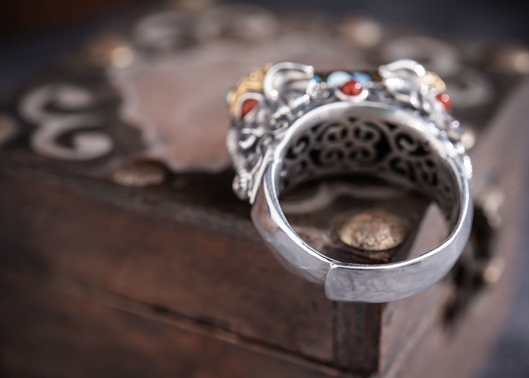 Rotating Dzi Ganesha Wealth Ring | 925 Silver, Brass & Gems