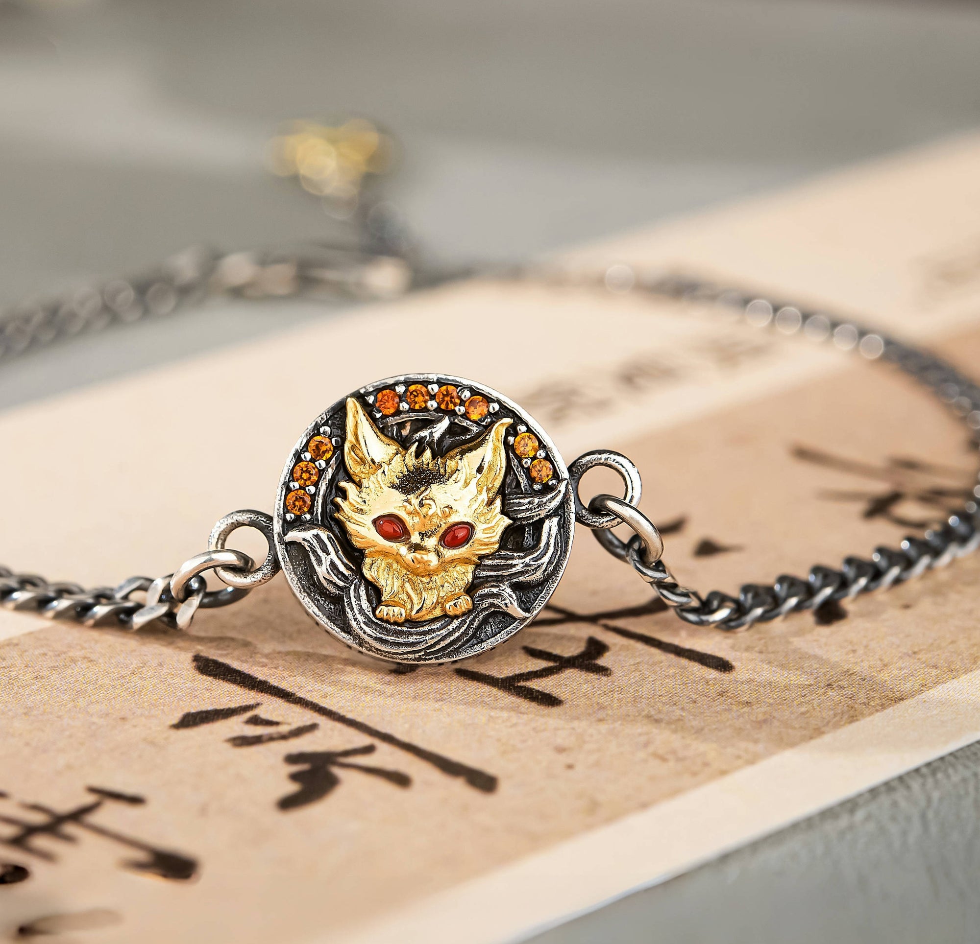 Nine‑Tail Fox Talisman Bracelet | 925 Silver & Red Zircon