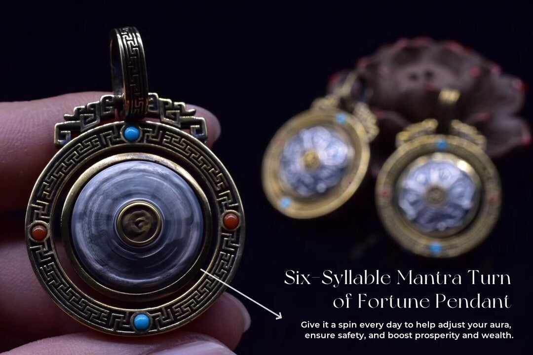 Six-Syllable Mantra Spinning Lotus Pendant – Silver & Brass
