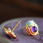 S925 Sterling Silver Natural Amethyst Enamel Koi Fish Stud Earrings