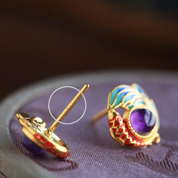 S925 Sterling Silver Natural Amethyst Enamel Koi Fish Stud Earrings