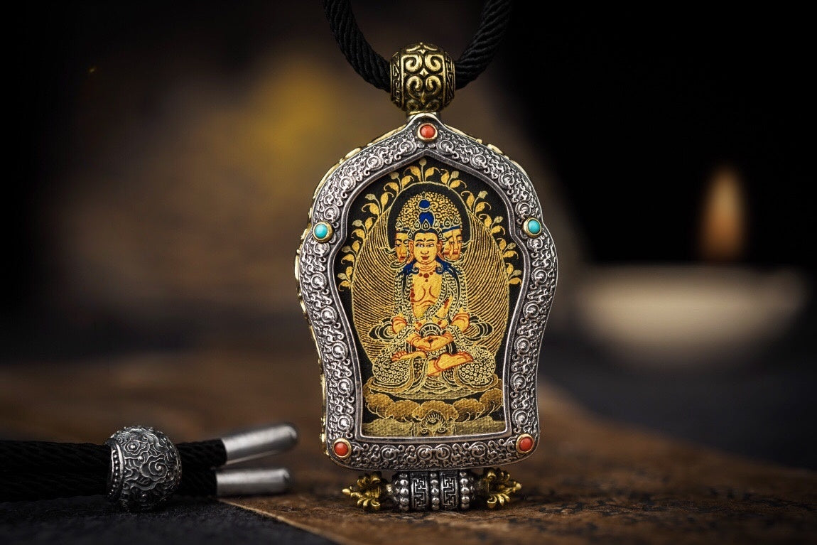 Black‑Gold Thangka Gau Necklace | 925 Silver & Dharma Wheel