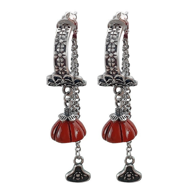 925 silver Tibetan long tassel Nanhong asymmetric earrings women's niche design high sense