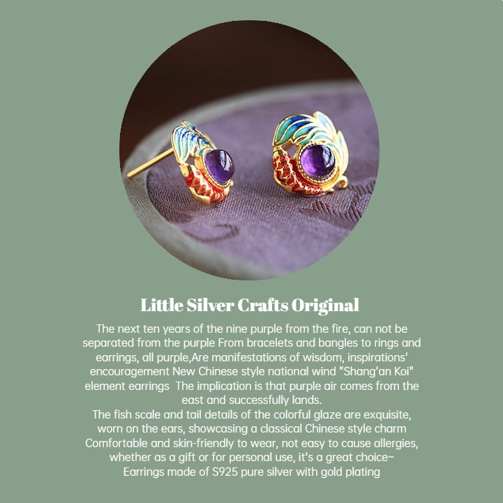 S925 Sterling Silver Natural Amethyst Enamel Koi Fish Stud Earrings