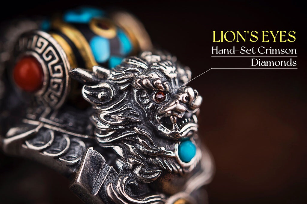 Tibetan Snow‑Lion Spinner Ring | 925 Silver, Dzi & Agate