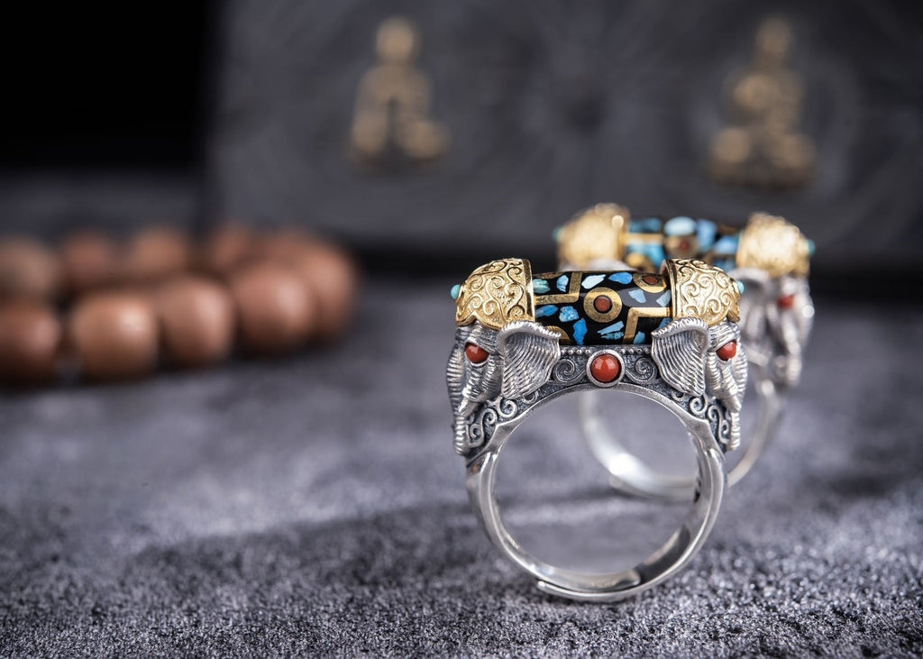 Rotating Dzi Ganesha Wealth Ring | 925 Silver, Brass & Gems