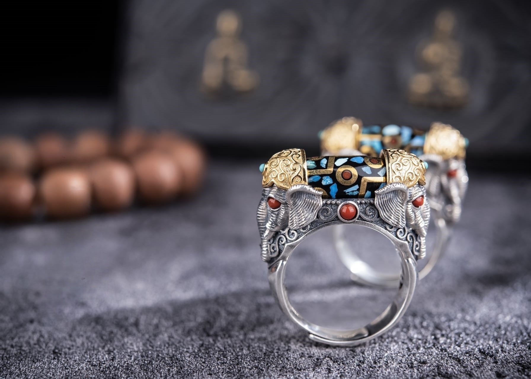 Rotating Dzi Ganesha Wealth Ring | 925 Silver, Brass & Gems