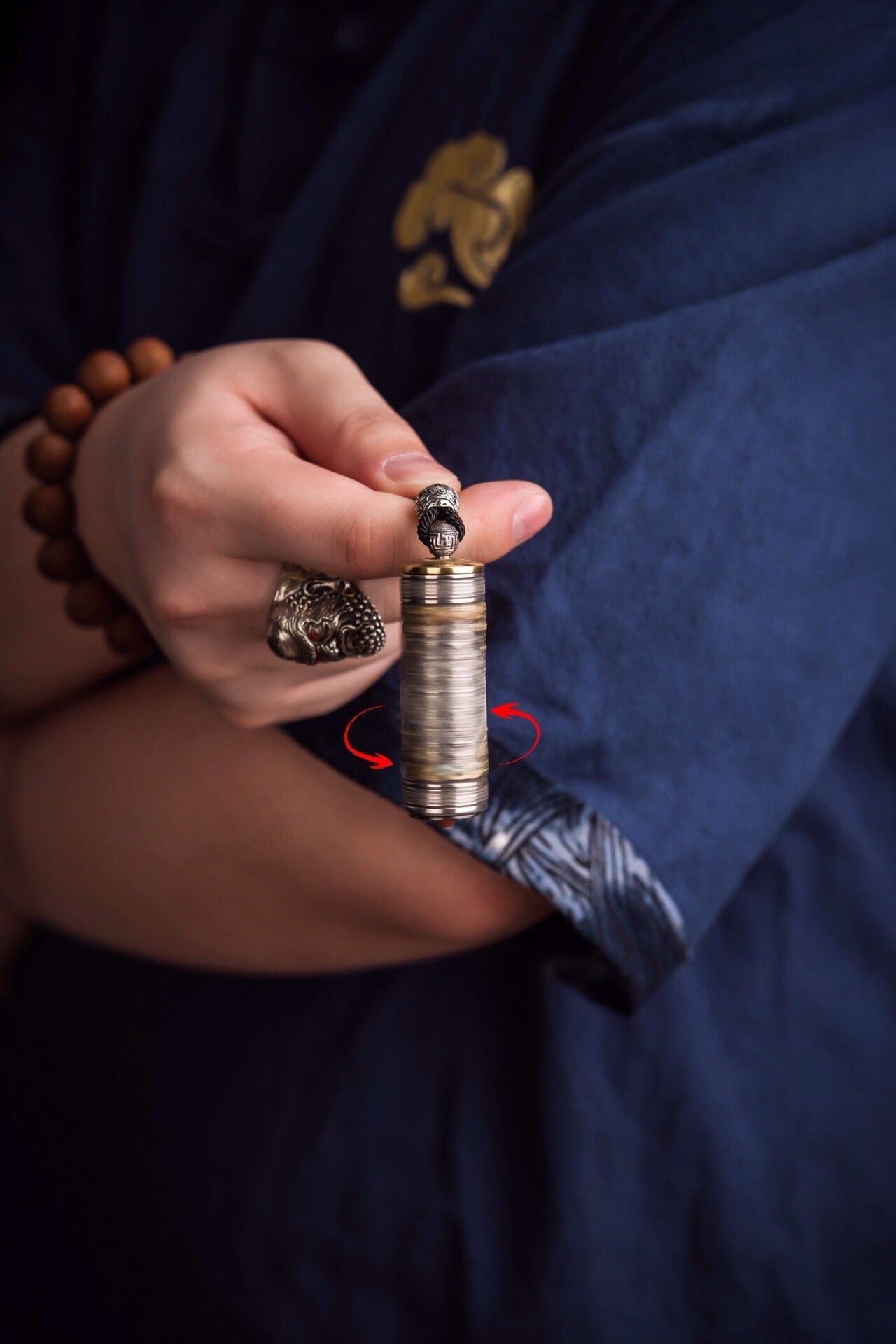 Tibetan Six-Syllable Prayer Wheel Pendant – Silver & Gemstone