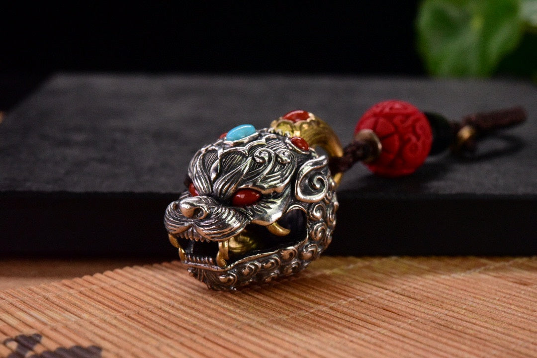 Tibetan Pixiu Guardian Bell Pendant – Silver, Turquoise, Agate