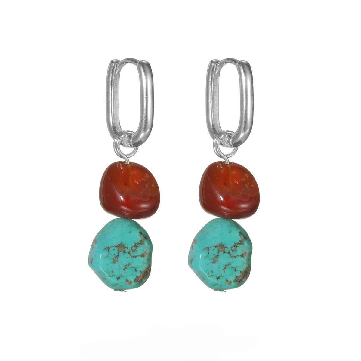Tibetan Retro Ethnic Earrings | S925 Sterling Silver Irregular Red Agate & Turquoise Statement Earrings | Unisex Bohemian Jewelry
