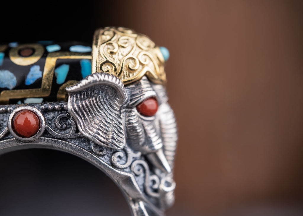 Rotating Dzi Ganesha Wealth Ring | 925 Silver, Brass & Gems