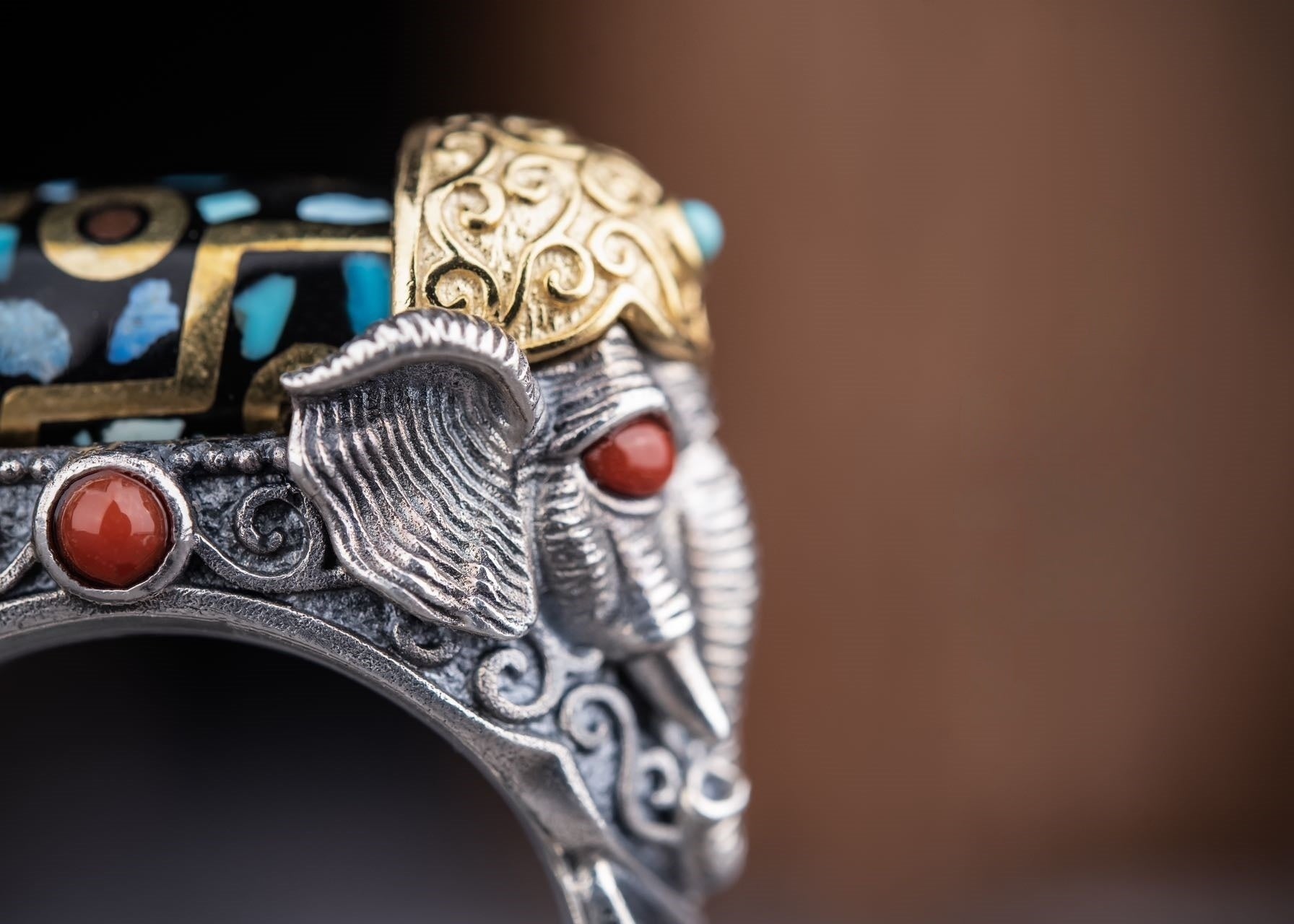 Rotating Dzi Ganesha Wealth Ring | 925 Silver, Brass & Gems