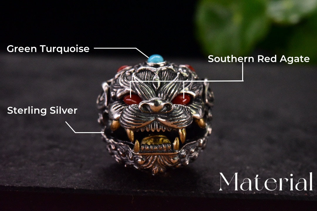 Tibetan Pixiu Guardian Bell Pendant – Silver, Turquoise, Agate