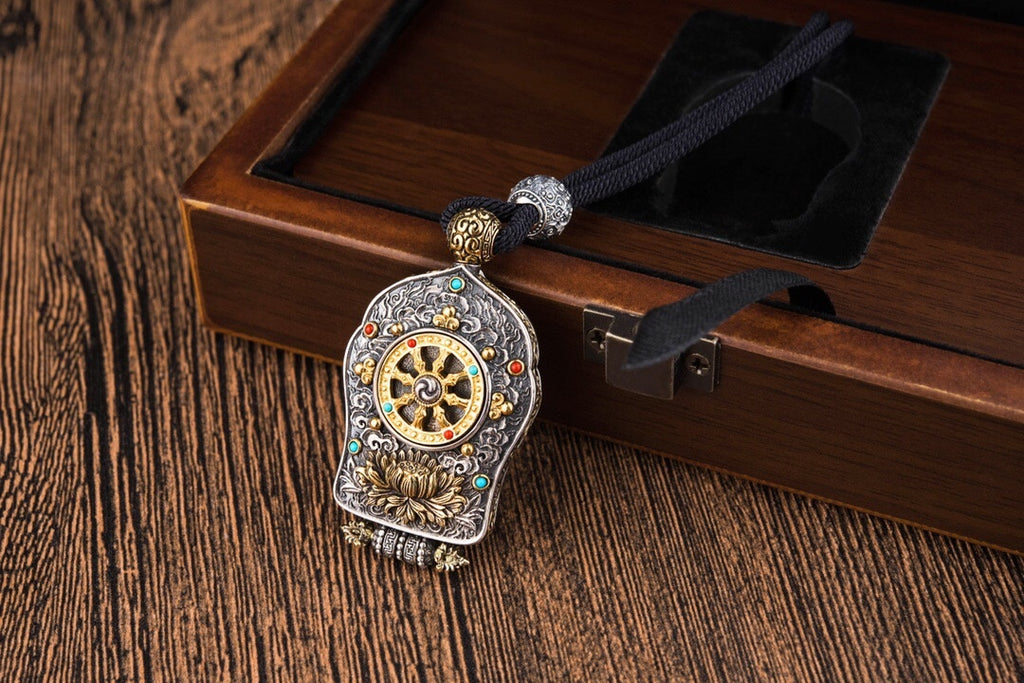 Black‑Gold Thangka Gau Necklace | 925 Silver & Dharma Wheel