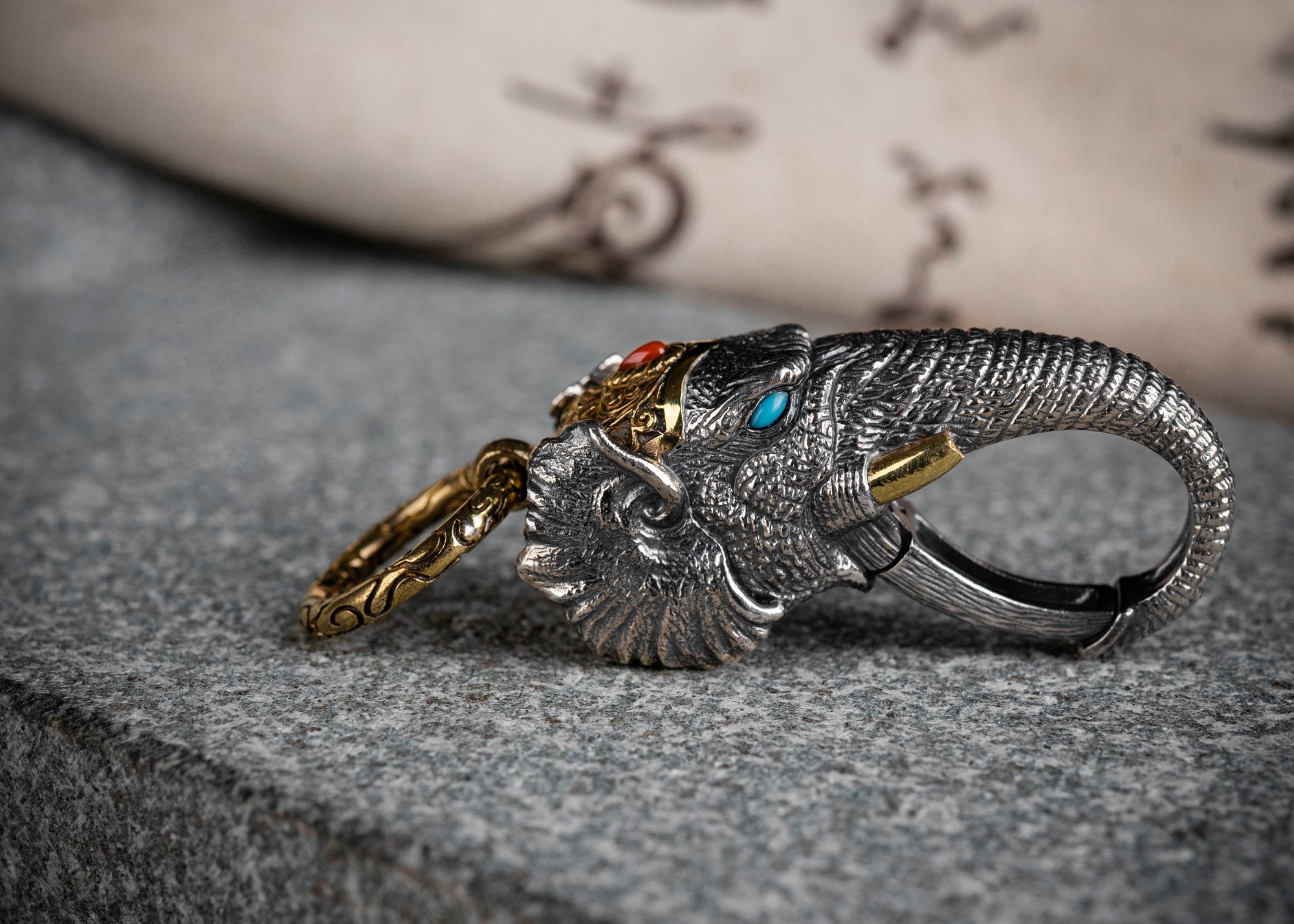 Tibetan Elephant-God Keychain – Silver, Turquoise & Agate