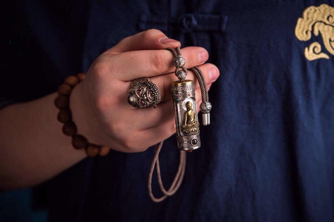 Tibetan Six-Syllable Prayer Wheel Pendant – Silver & Gemstone