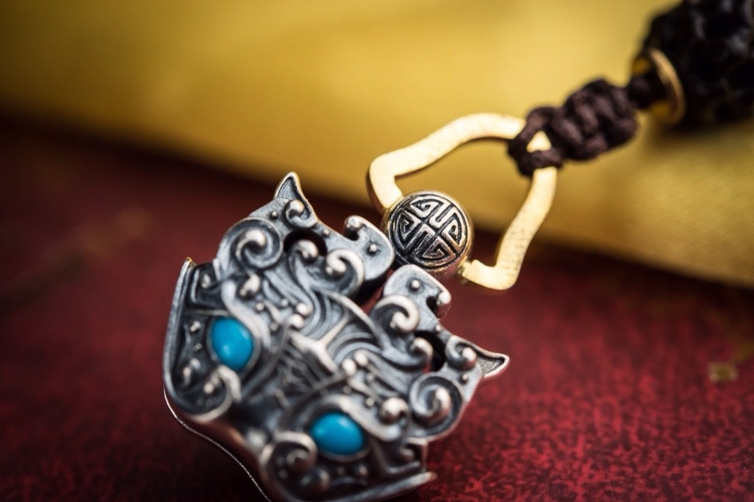 Pixiu Wealth Bell Pendant | Sterling Silver & Turquoise Amulet