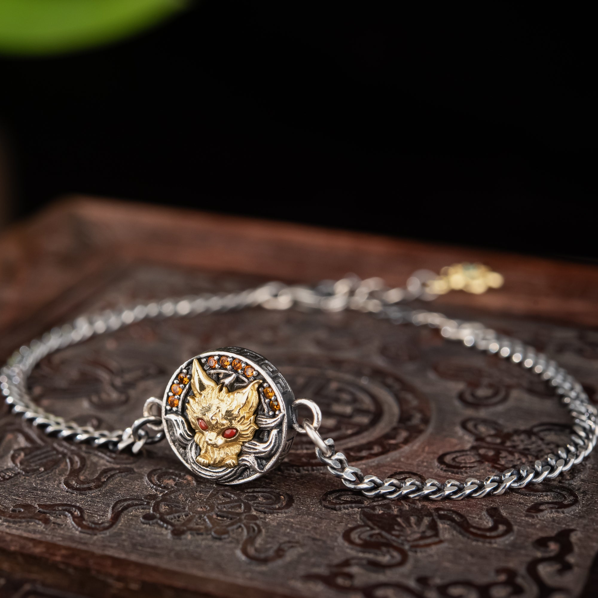 Nine‑Tail Fox Talisman Bracelet | 925 Silver & Red Zircon