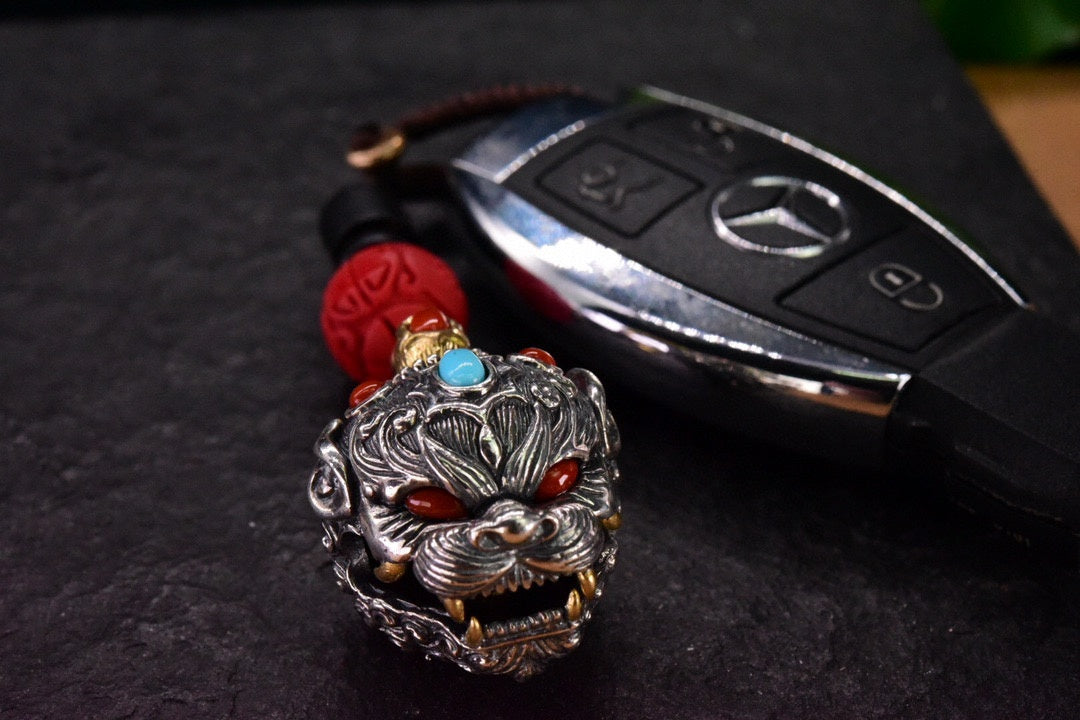 Tibetan Pixiu Guardian Bell Pendant – Silver, Turquoise, Agate