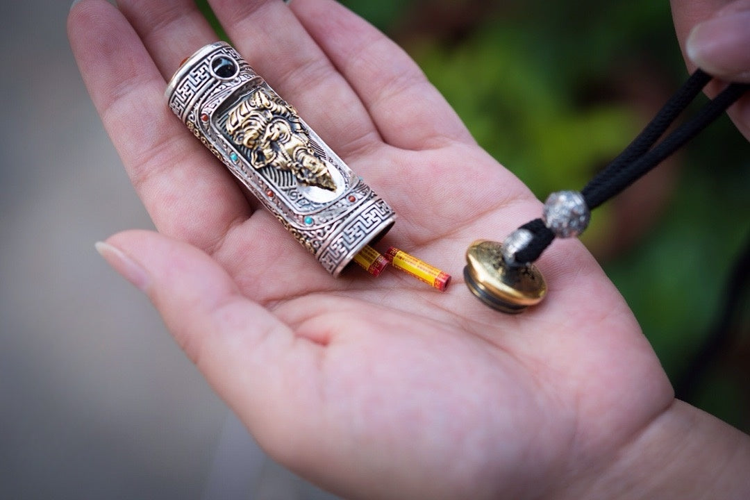 Tibetan Six-Syllable Prayer Wheel Pendant – Silver & Gemstone