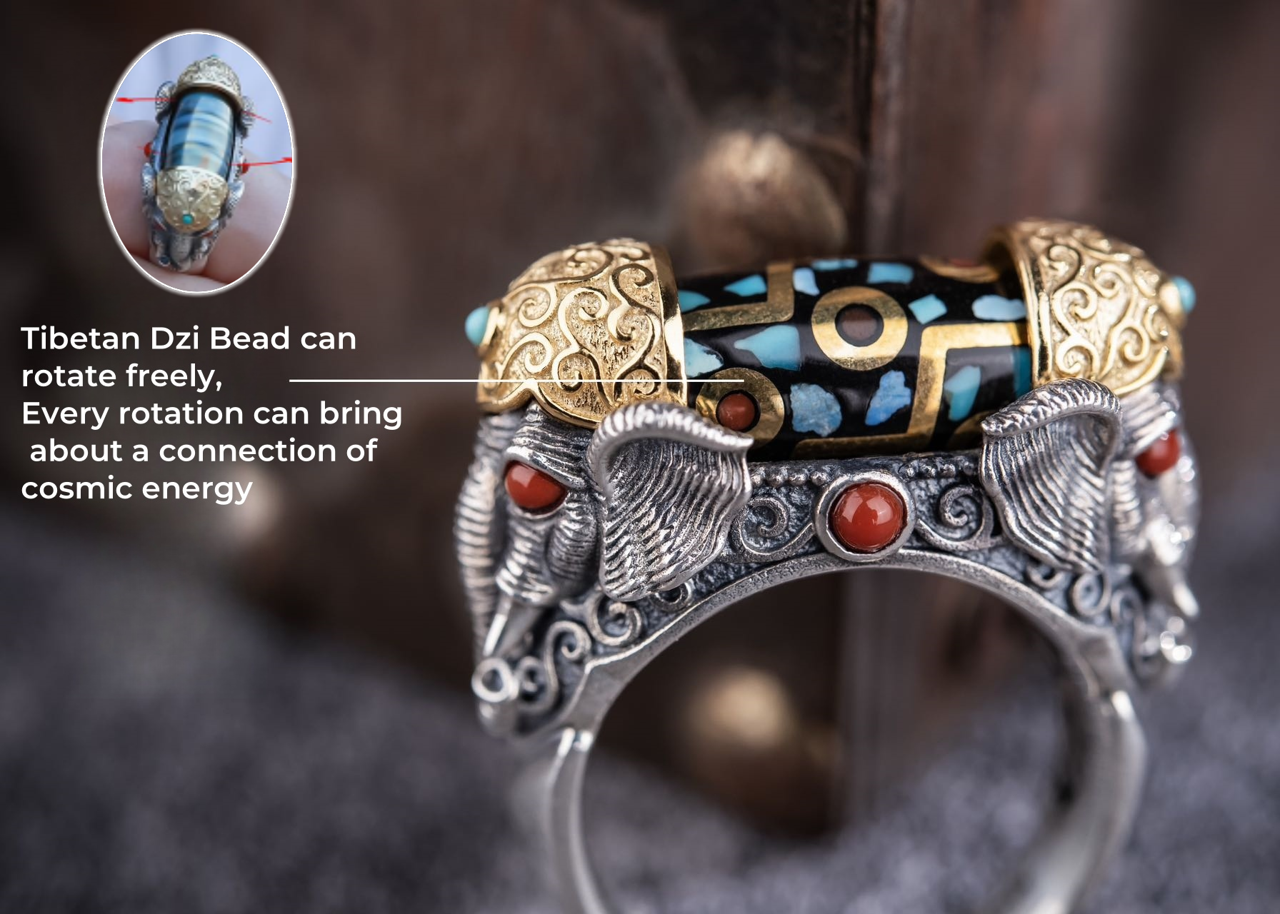 Rotating Dzi Ganesha Wealth Ring | 925 Silver, Brass & Gems
