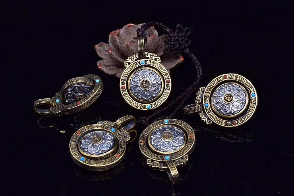 Six-Syllable Mantra Spinning Lotus Pendant – Silver & Brass