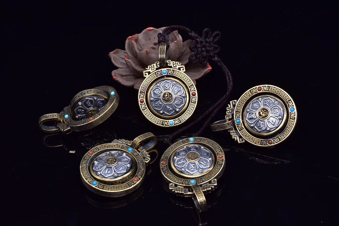 Six-Syllable Mantra Spinning Lotus Pendant – Silver & Brass