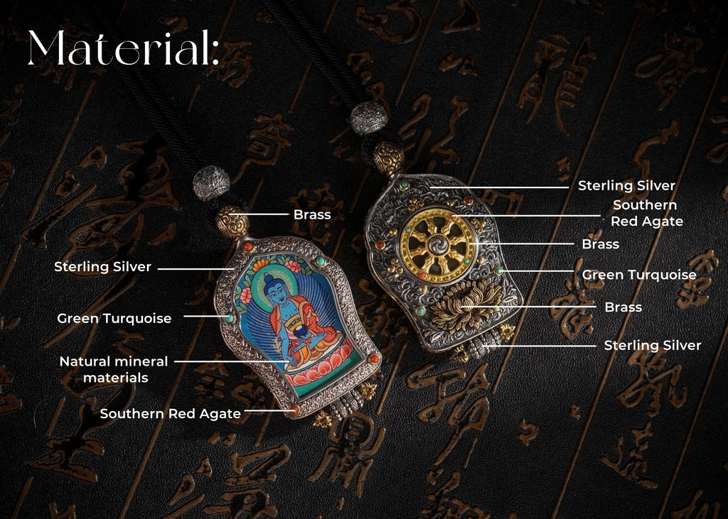 Hand‑Painted Thangka Amulet Necklace | 925 Silver & Rotating Dharma Wheel