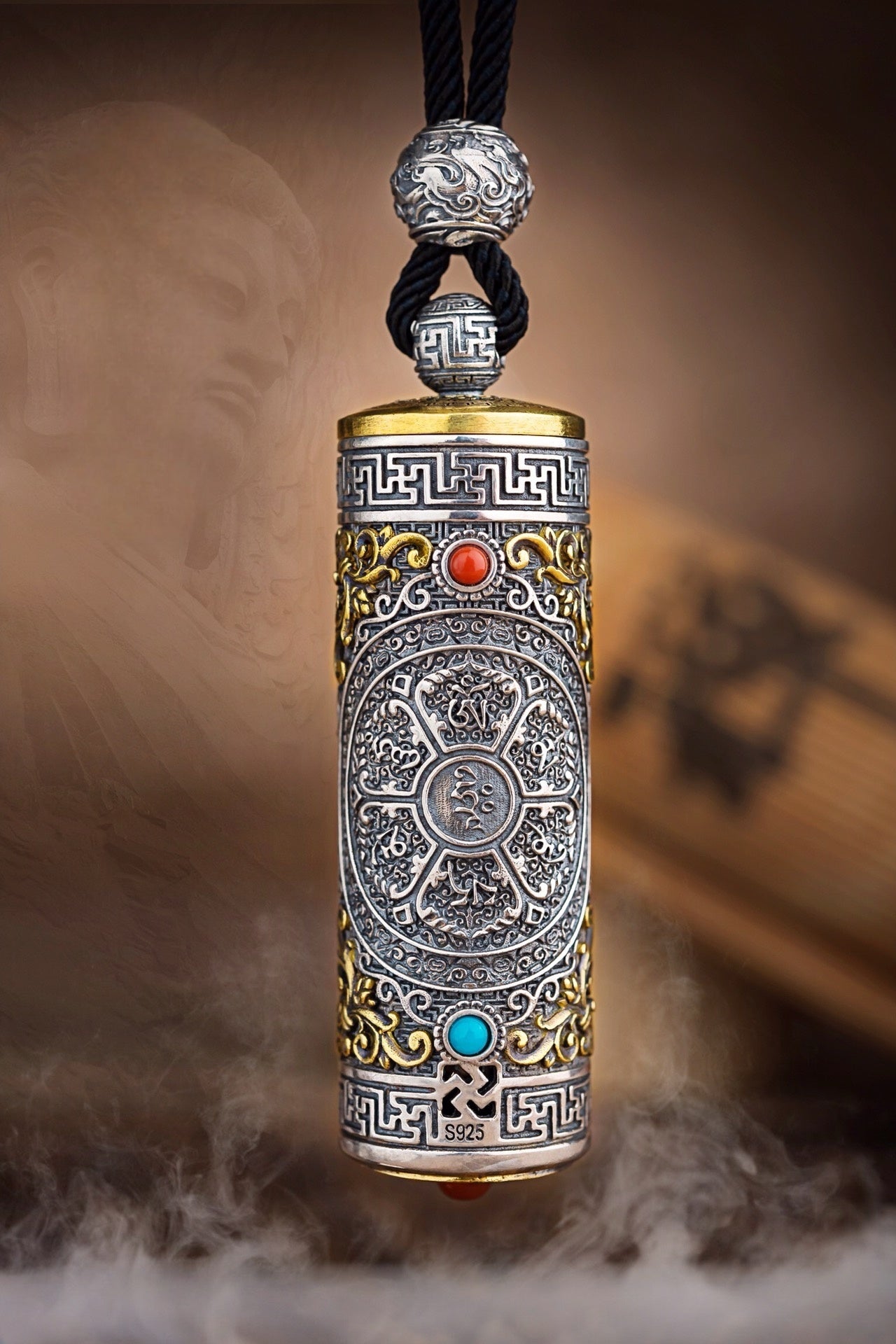 Tibetan Six-Syllable Prayer Wheel Pendant – Silver & Gemstone