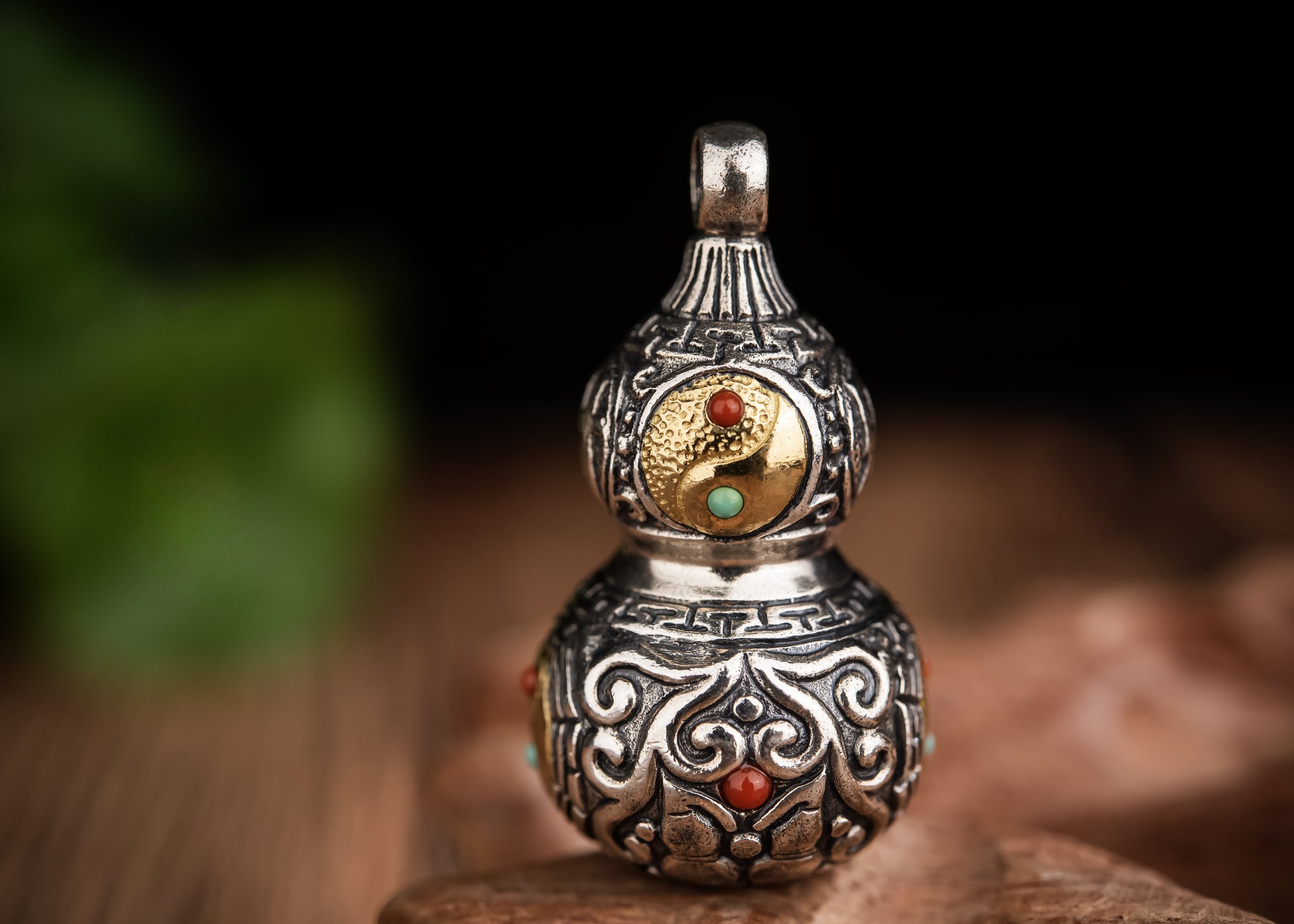 Tibetan Gourd Pendant | Sterling Silver, Brass & Agate Luck Charm