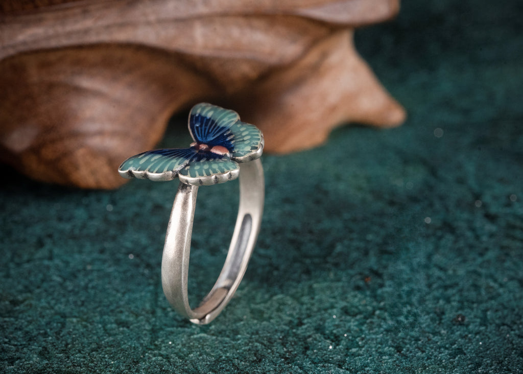 Tibetan “Love‑Wing” Butterfly Ring | 925 Silver Cloisonné