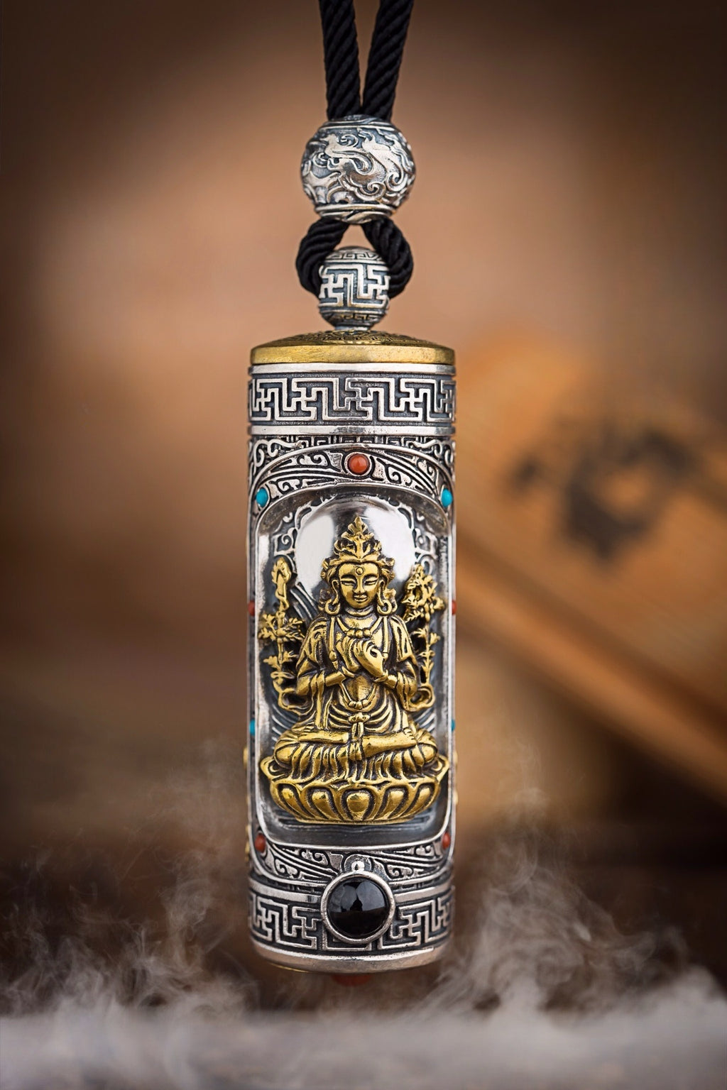 Tibetan Six-Syllable Prayer Wheel Pendant – Silver & Gemstone
