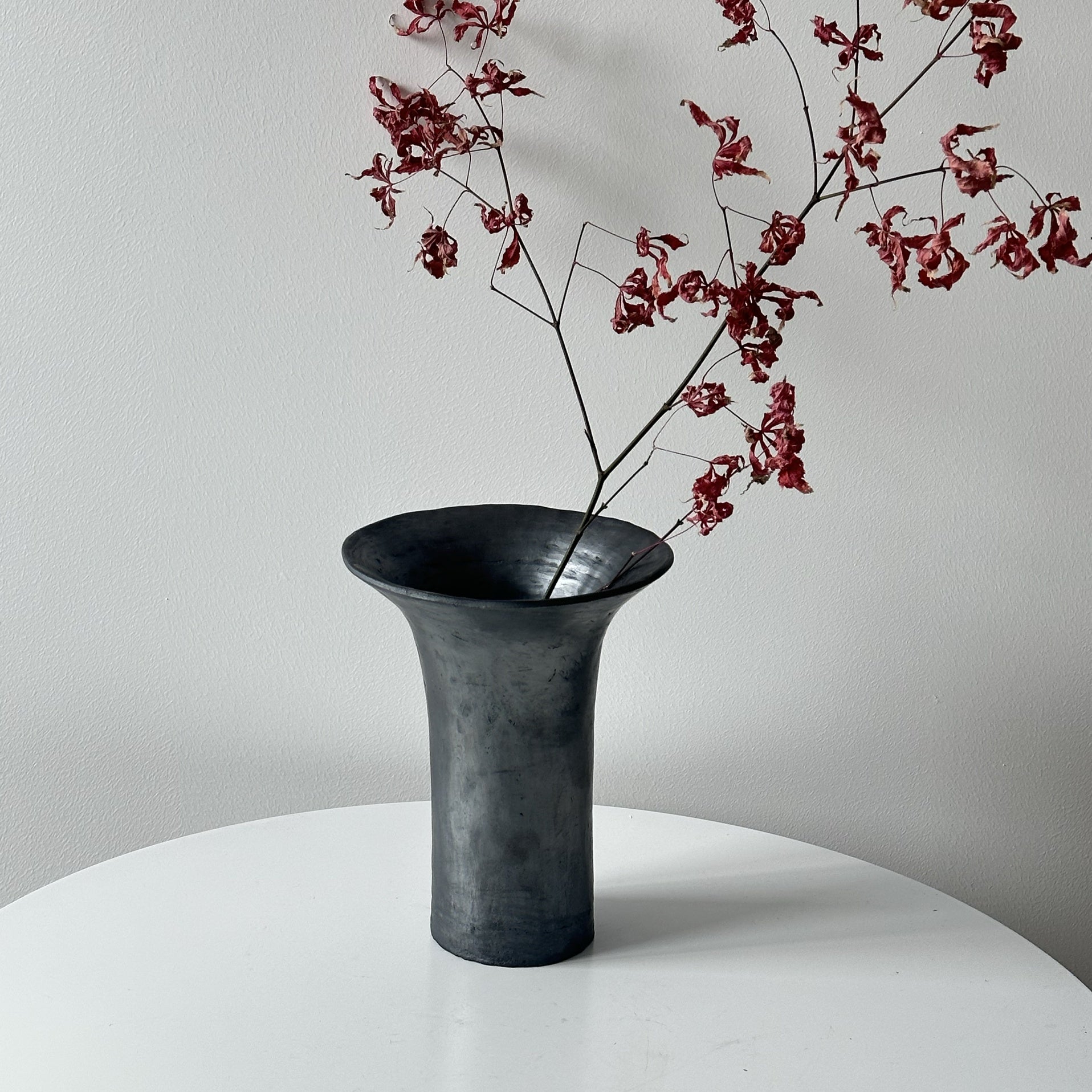 Handmade Tibetan Wide‑Mouth Black Pottery Vase
