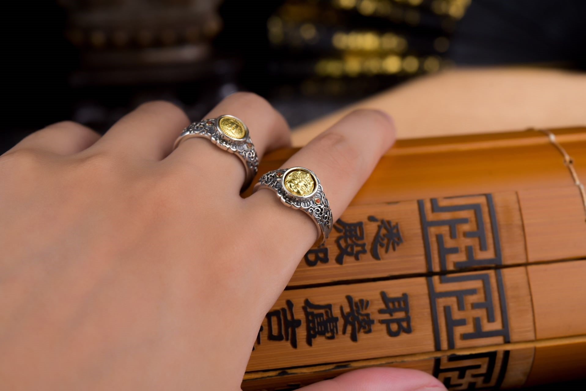 Eight Guardian Buddha Ring | 925 Silver, Brass & Agate