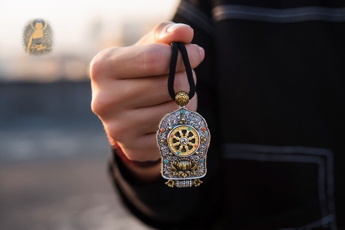 Black‑Gold Thangka Gau Necklace | 925 Silver & Dharma Wheel