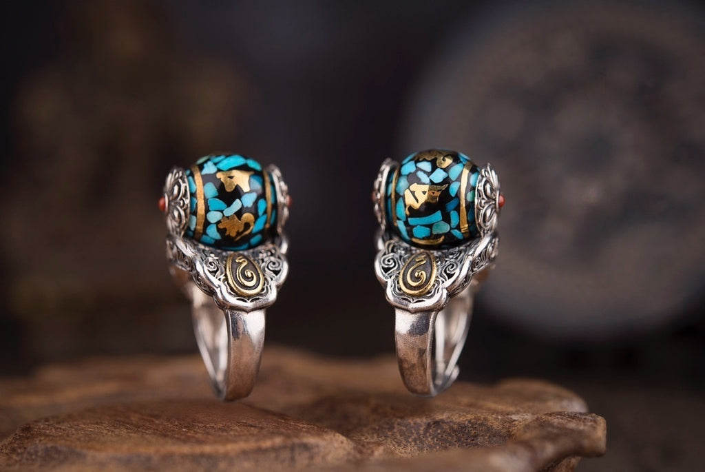 Medicine Buddha Spinner Ring | 925 Silver & Turquoise Dzi
