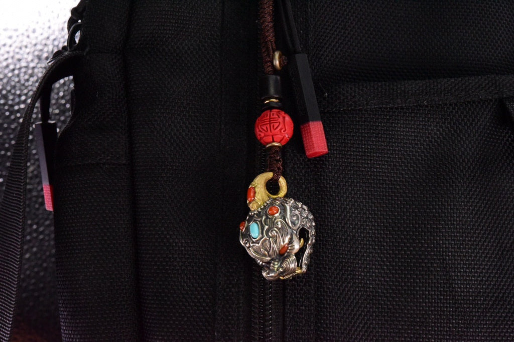 Tibetan Pixiu Guardian Bell Pendant – Silver, Turquoise, Agate