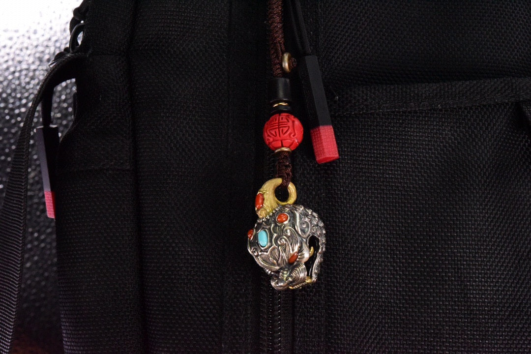 Tibetan Pixiu Guardian Bell Pendant – Silver, Turquoise, Agate