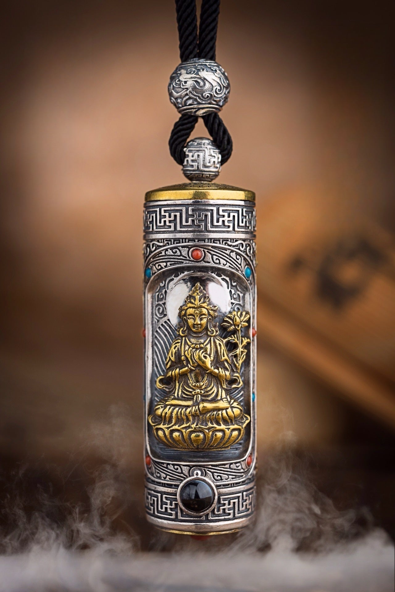 Tibetan Six-Syllable Prayer Wheel Pendant – Silver & Gemstone
