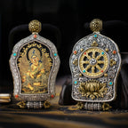 Black‑Gold Thangka Gau Necklace | 925 Silver & Dharma Wheel