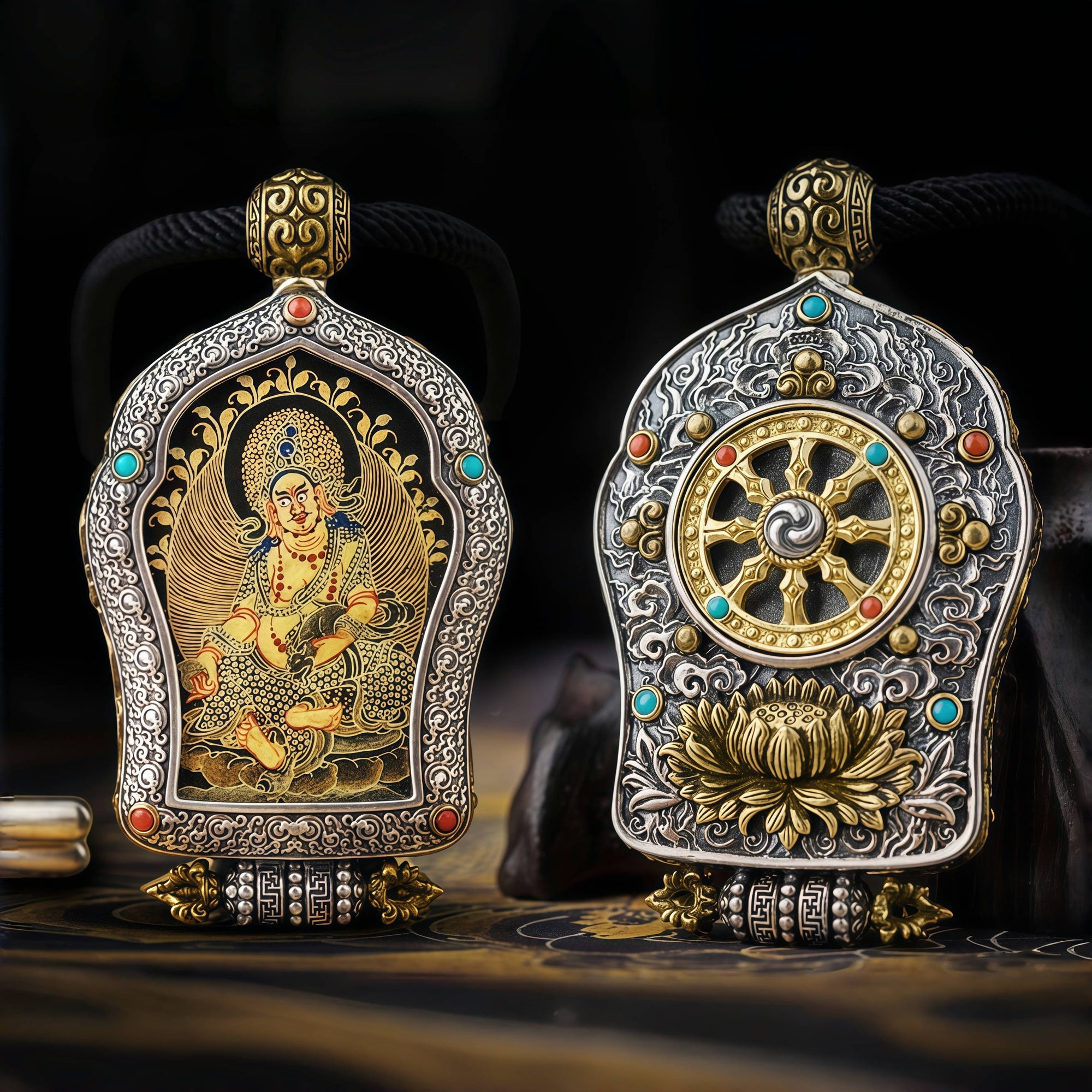Black‑Gold Thangka Gau Necklace | 925 Silver & Dharma Wheel