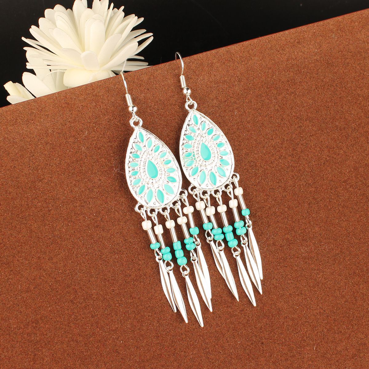 Tibetan Cross-Border Ethnic Silver Earrings | Colorful Feather Dangle Earrings with Turquoise | Long Fringe Bohemian Statement Jewelry