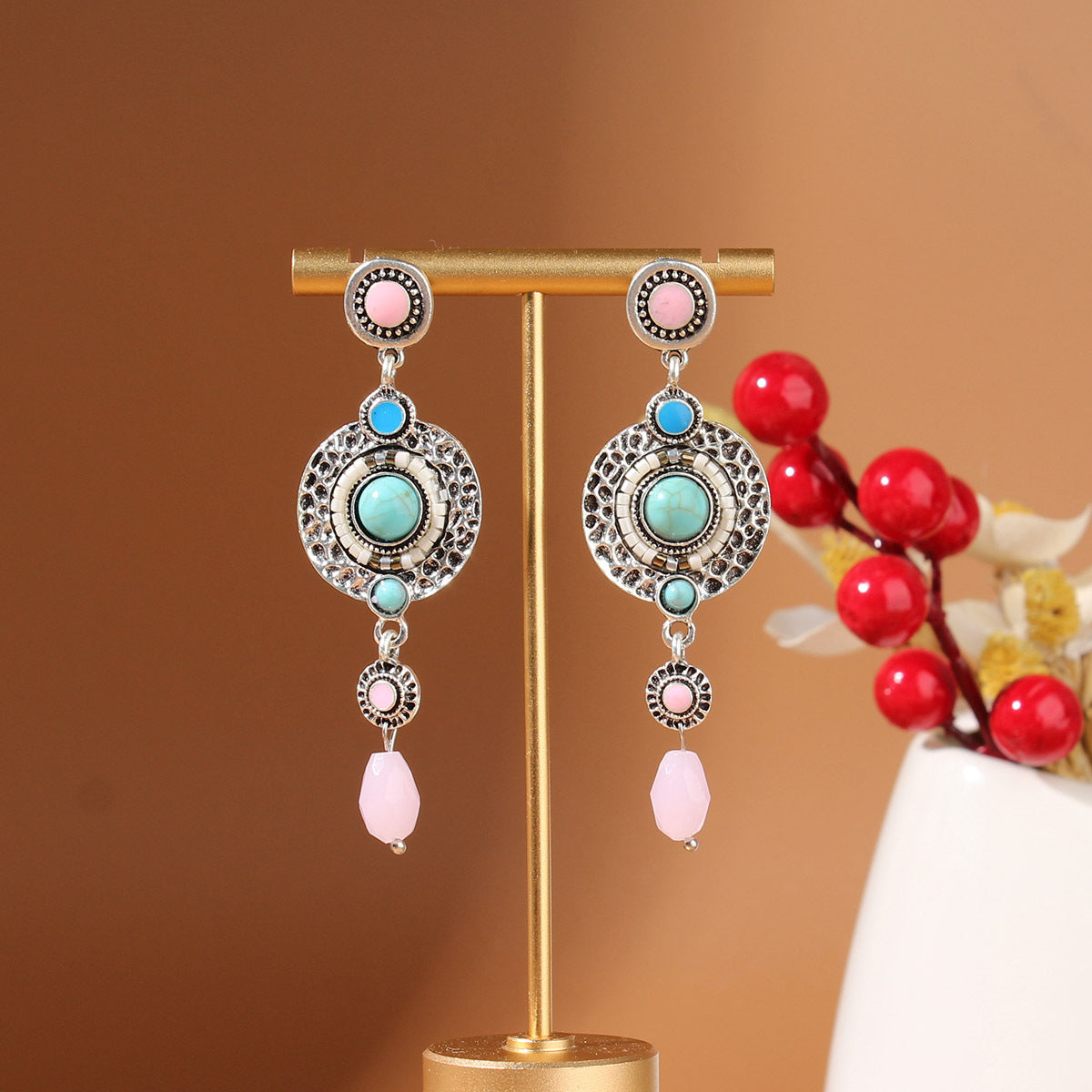 Tibetan Cross-Border Ethnic Silver Earrings | Colorful Feather Dangle Earrings with Turquoise